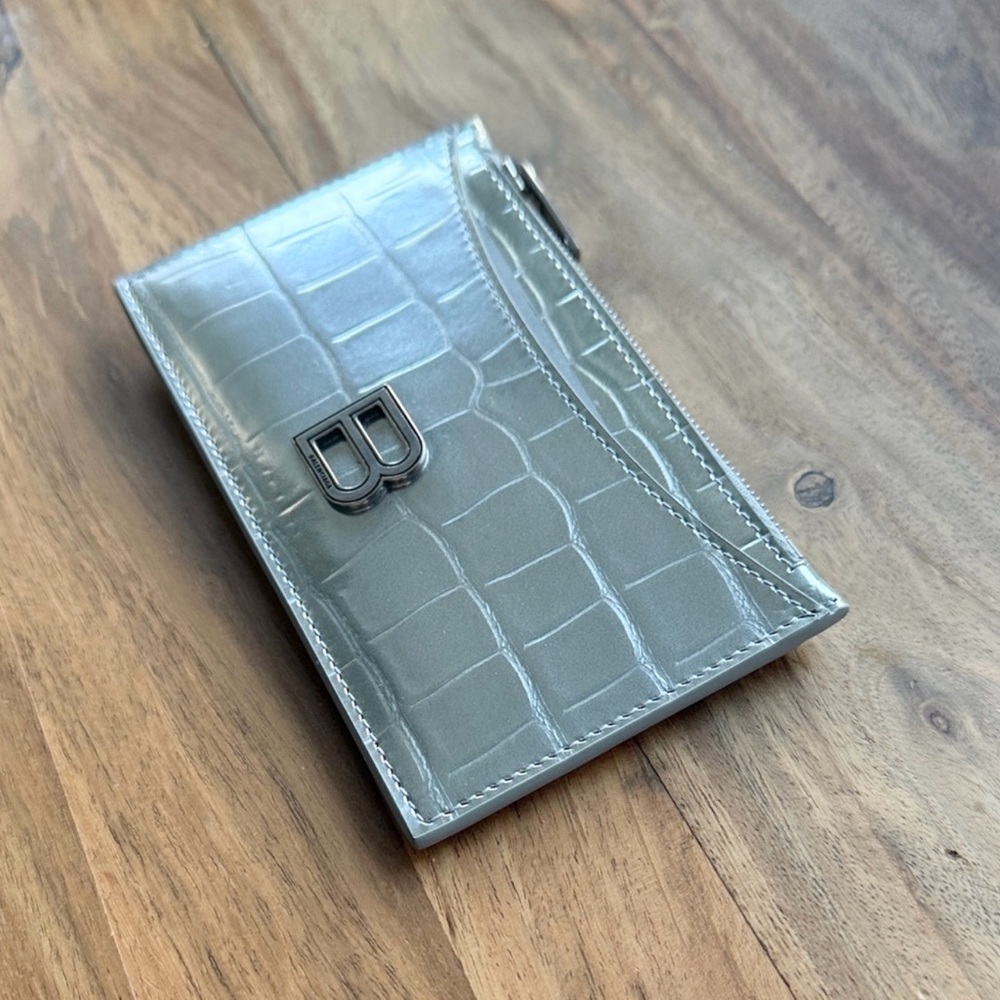 Balenciaga Hourglass Croc-Embossed Metallic Silver Card Holder Wallet